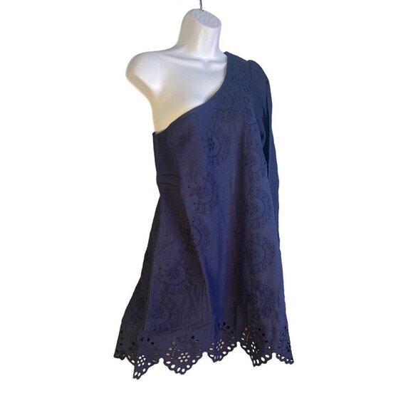 Hill‎ House Womens Mila One Shoulder Embroidered Dress in Navy Linen Size Small - Picture 3 of 10